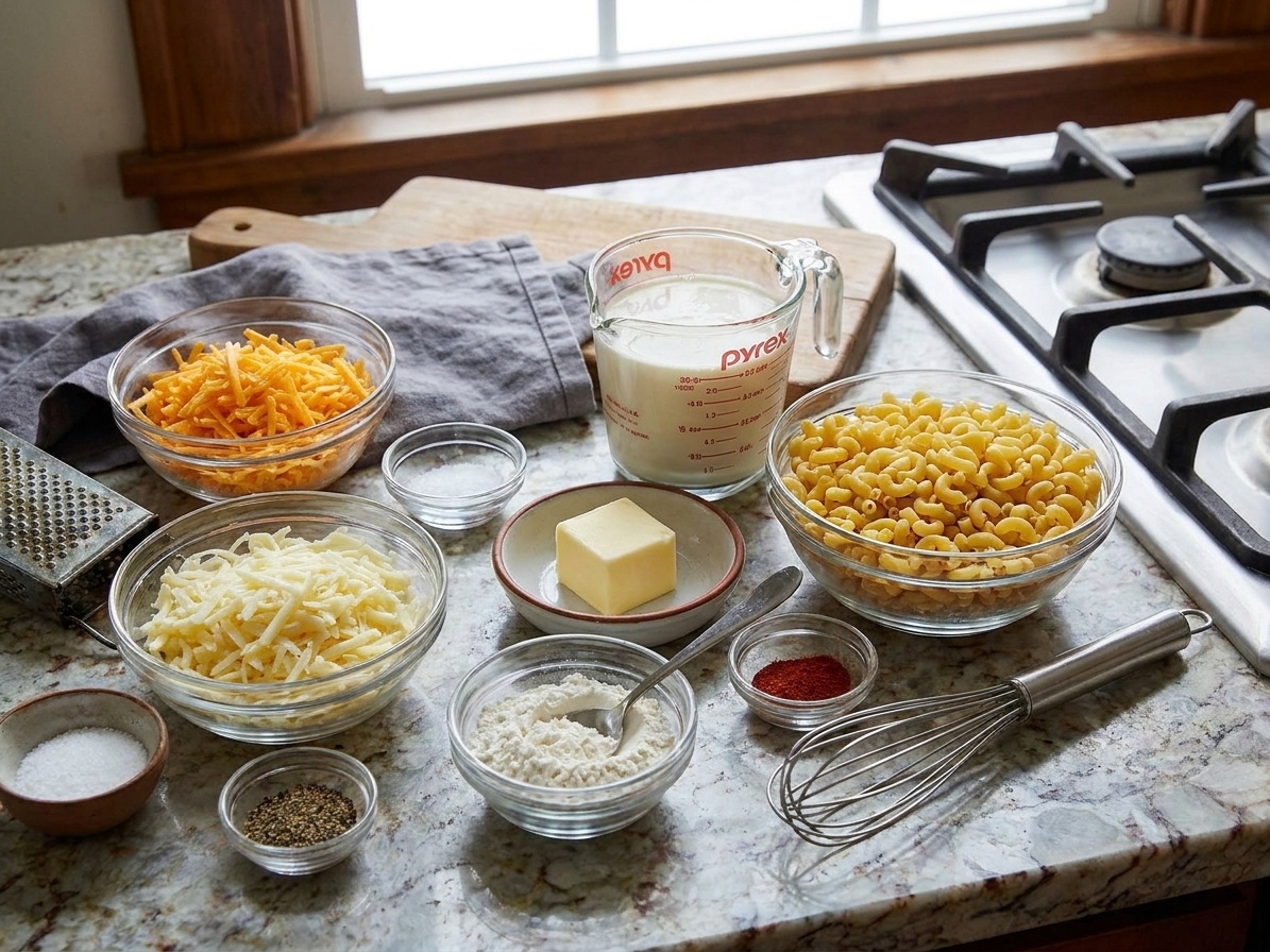 A kitchen counter with bowls of shredded cheddar and Monterey Jack, evaporated milk, elbow pasta, butter, flour, spices, and a whisk laid out for mac and cheese prep