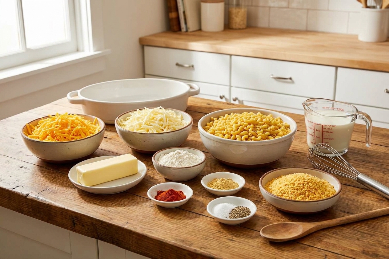 A kitchen counter with bowls of shredded cheddar, shredded Gruyere, dry elbow macaroni, butter, flour, milk, spices, and panko breadcrumbs laid out neatly in warm natural light