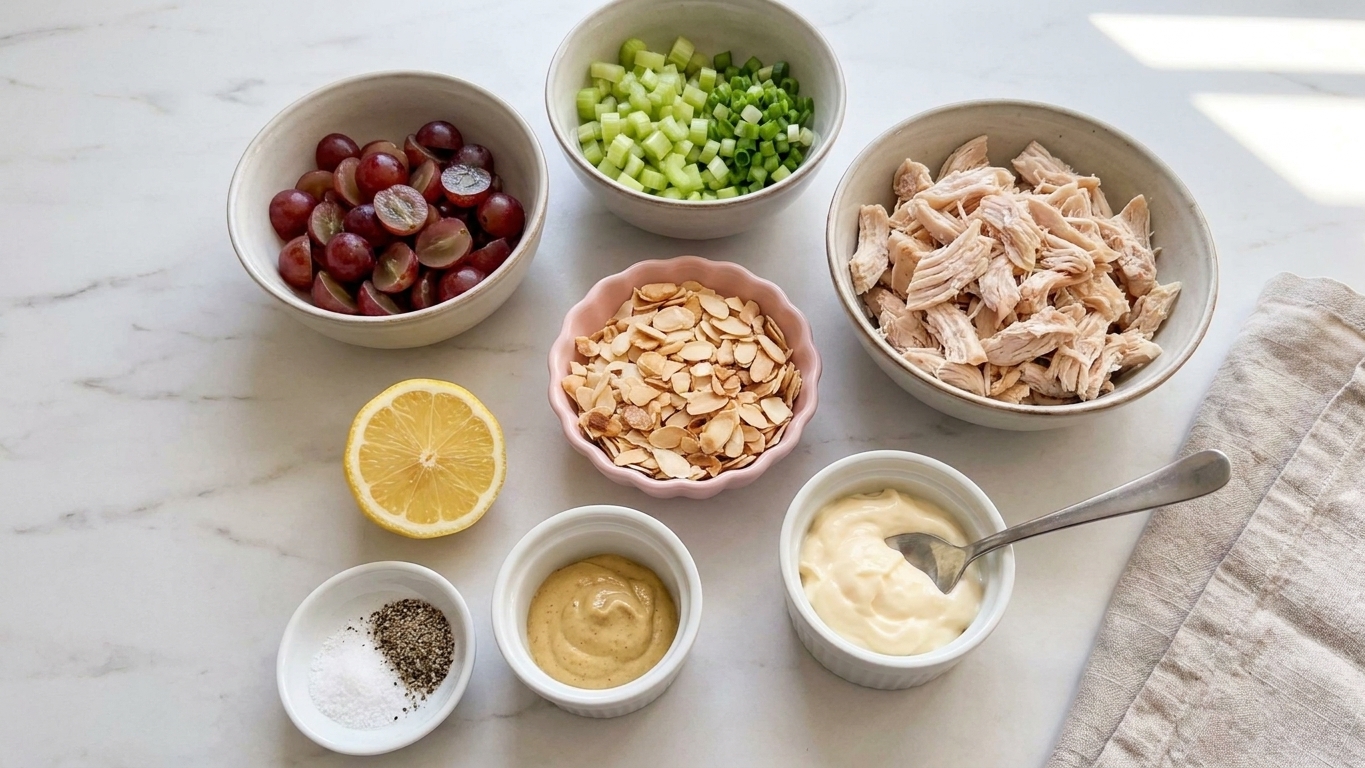 A kitchen counter with bowls of shredded cooked chicken, halved red grapes, diced celery, chopped green onions, toasted slivered almonds, mayonnaise, Dijon mustard, lemon, salt, and pepper laid out for prep
