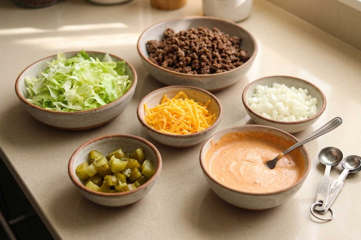 A kitchen counter with bowls of shredded lettuce, browned ground beef, shredded cheddar, diced onion, chopped pickles, and a small bowl of creamy special sauce