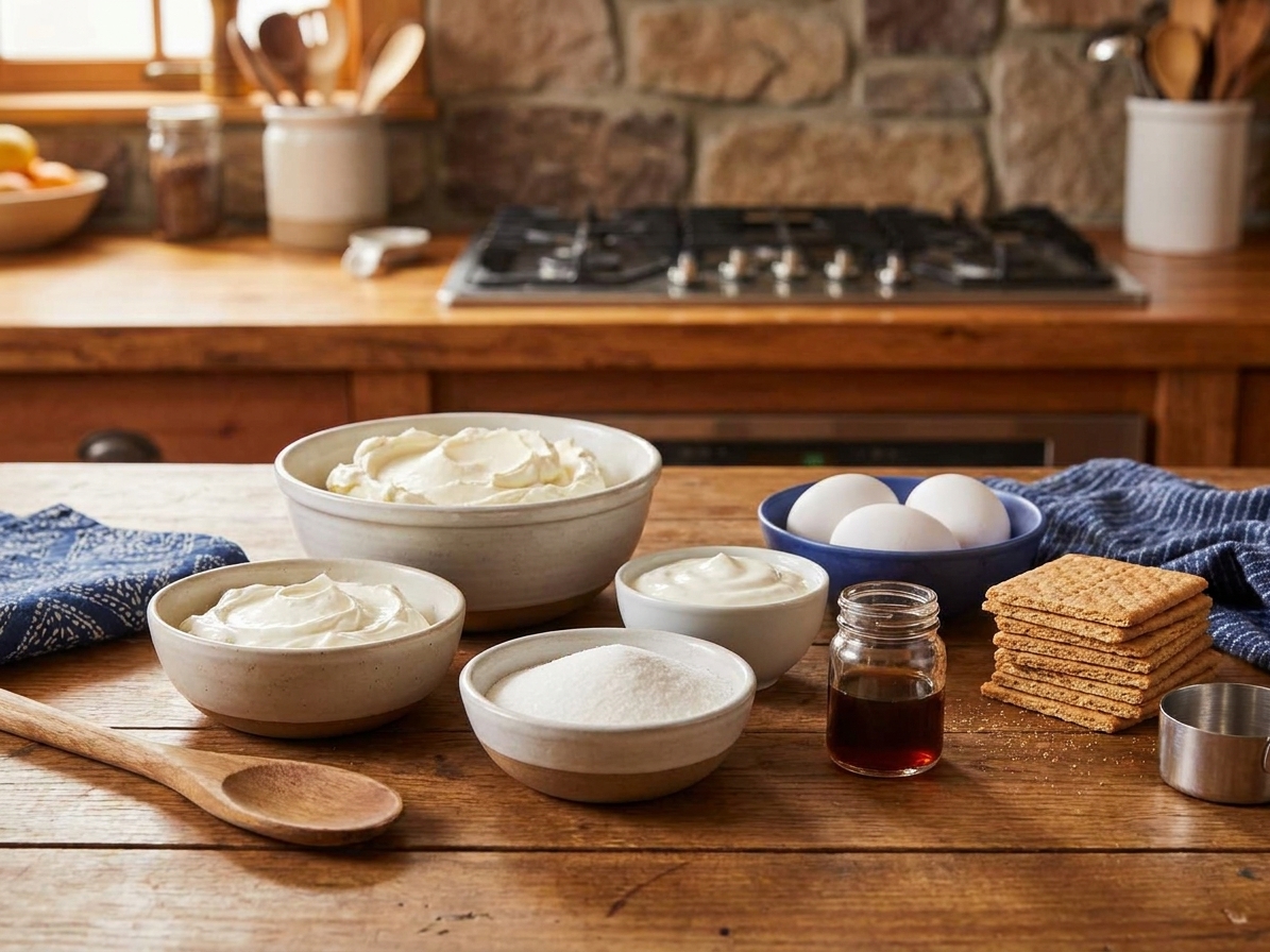 A kitchen counter with bowls of softened cream cheese, sour cream, sugar, eggs, vanilla, and graham crackers laid out neatly in a warm home kitchen