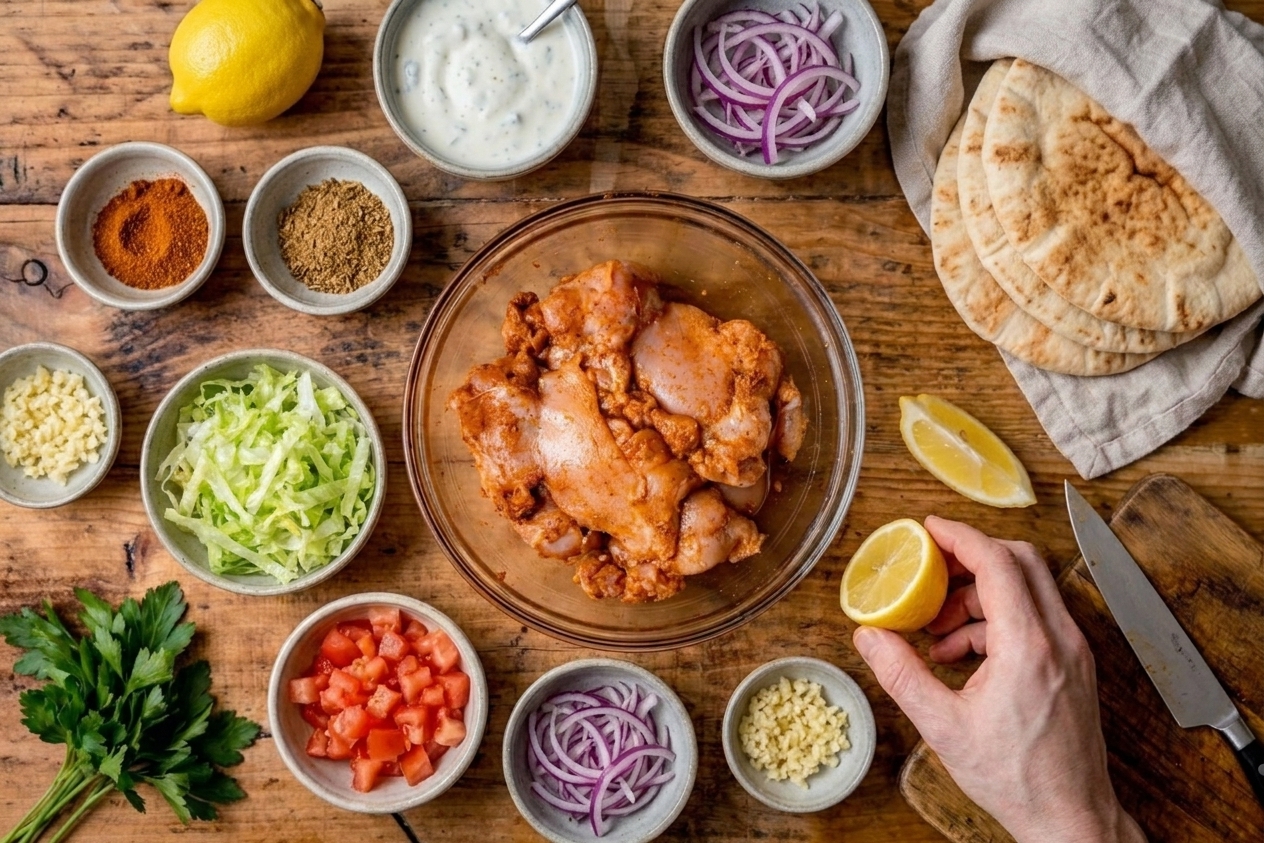 A kitchen counter with bowls of spices, sliced chicken thighs, yogurt, lemon, garlic, pita bread, and fresh vegetables laid out for doner kebab prep