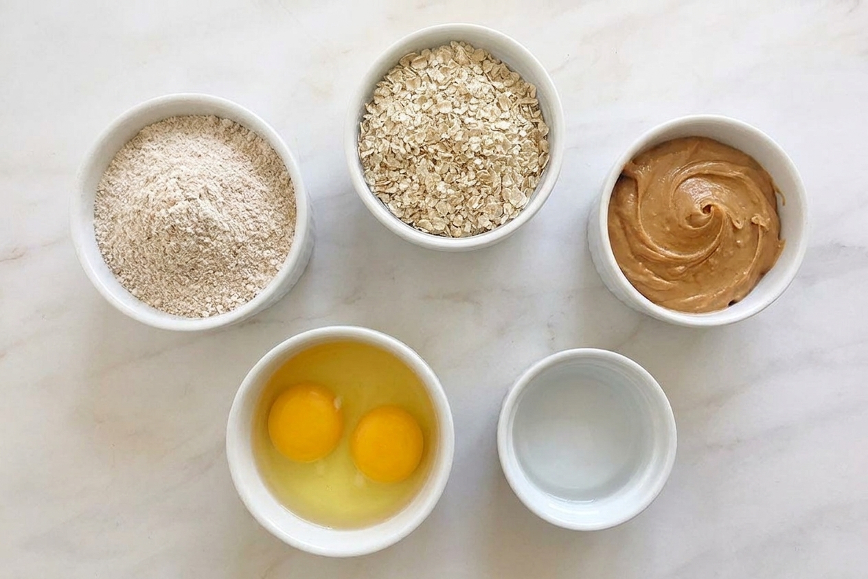 A kitchen counter with bowls of whole wheat flour, rolled oats, natural peanut butter, eggs, and a small bowl of water set up for making dog biscuits