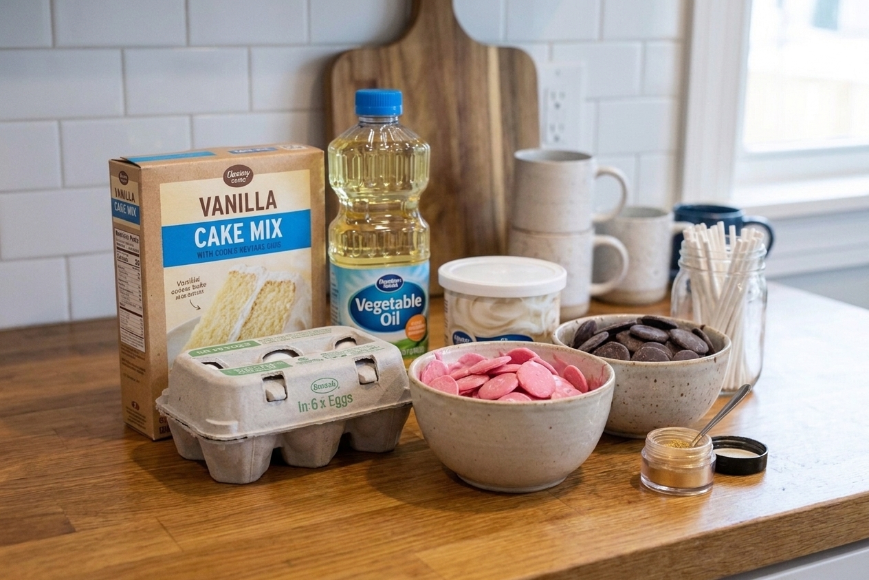 A kitchen counter with boxed cake mix, eggs, oil, frosting, pink candy melts, dark chocolate wafers, lollipop sticks, and edible shimmer dust laid out neatly