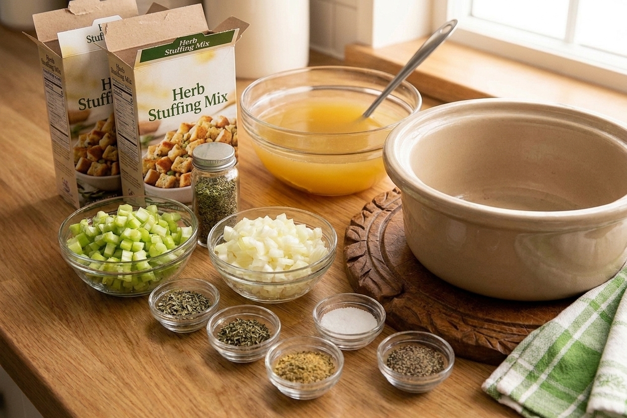 A kitchen counter with boxes of herb stuffing mix, diced celery, diced onion, a bowl of chicken broth, and seasonings laid out for crock pot chicken and dressing