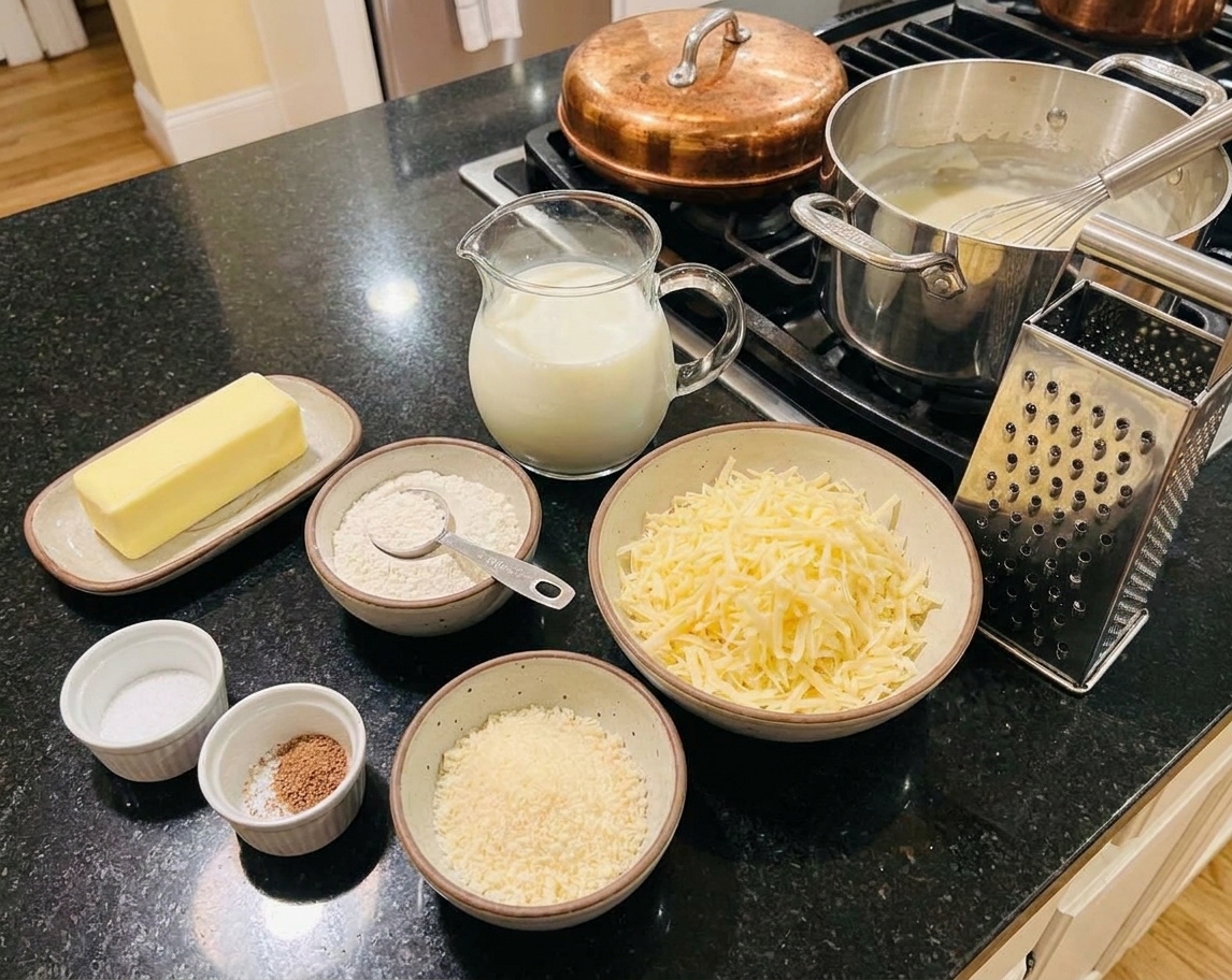 A kitchen counter with butter, flour, milk, shredded Gruyere, grated Parmesan, and seasonings set out for making Mornay sauce