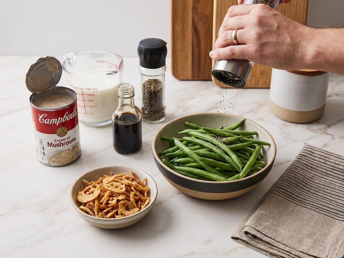 A kitchen counter with canned cream of mushroom soup, milk, soy sauce, black pepper, green beans, and a container of crispy fried onions arranged for cooking