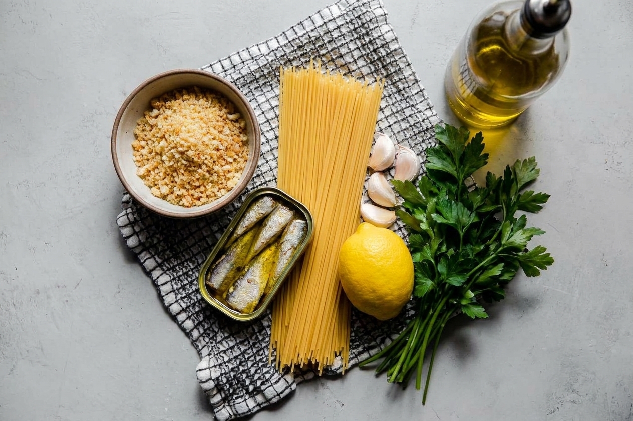 A kitchen counter with canned sardines, spaghetti, lemon, garlic, parsley, olive oil, and a small bowl of breadcrumbs laid out for cooking