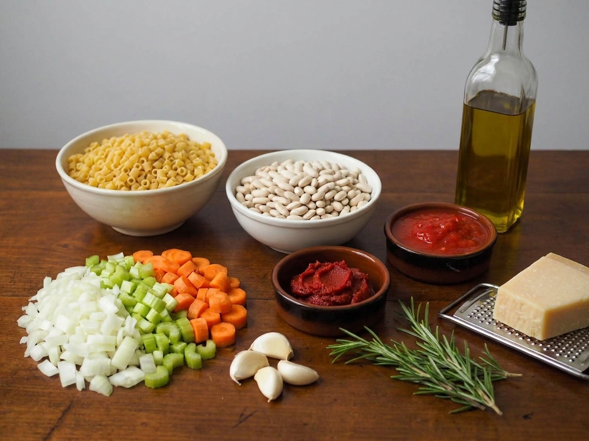 A kitchen counter with cannellini beans, ditalini pasta, onion, celery, carrots, garlic, tomato paste, crushed tomatoes, rosemary, Parmesan, and olive oil laid out for cooking