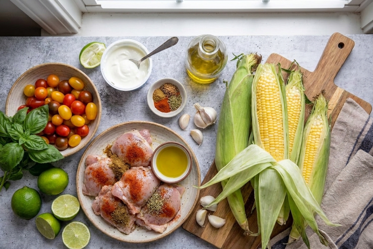 A kitchen counter with chicken thighs, ears of corn, cherry tomatoes, limes, basil, garlic, Greek yogurt, olive oil, and spices laid out for a summer dinner