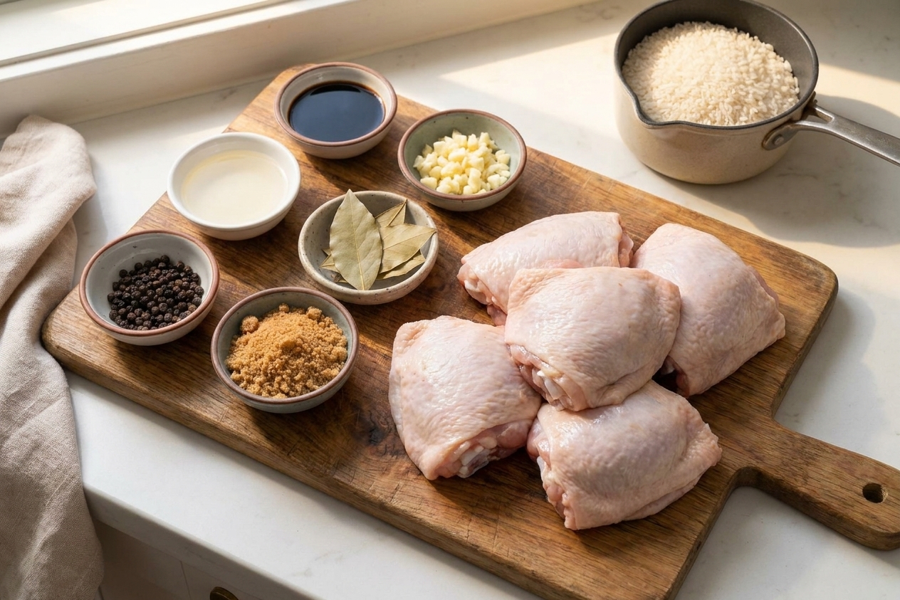 A kitchen counter with chicken thighs, soy sauce, cane vinegar, garlic, bay leaves, peppercorns, brown sugar, and a pot of rice ready for cooking, shot in warm natural light