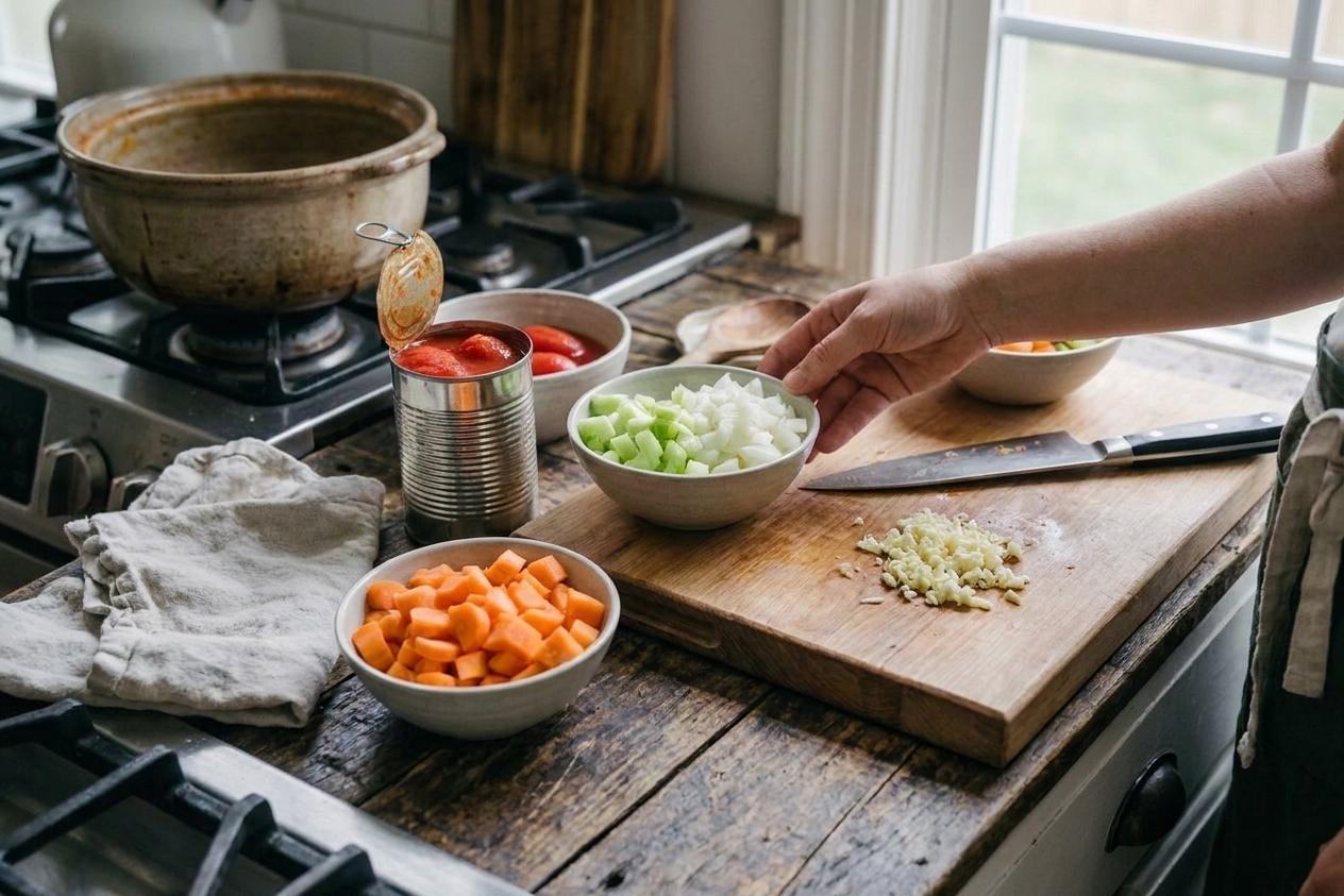 A kitchen counter with chopped carrots, celery, onion, garlic, and canned tomatoes laid out for cooking, natural window light