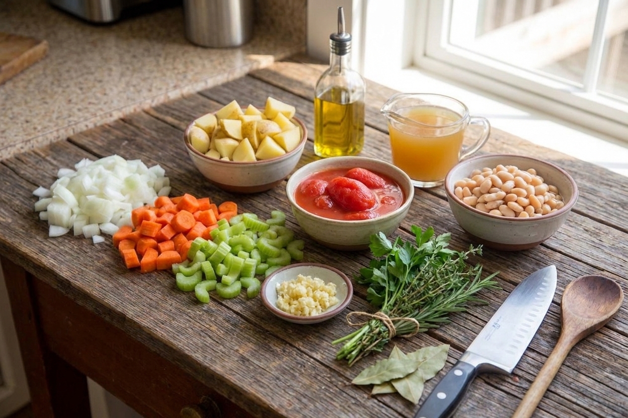 A kitchen counter with chopped onions, carrots, celery, potatoes, garlic, canned tomatoes, white beans, broth, olive oil, and herbs arranged in small bowls and piles, ready for cooking