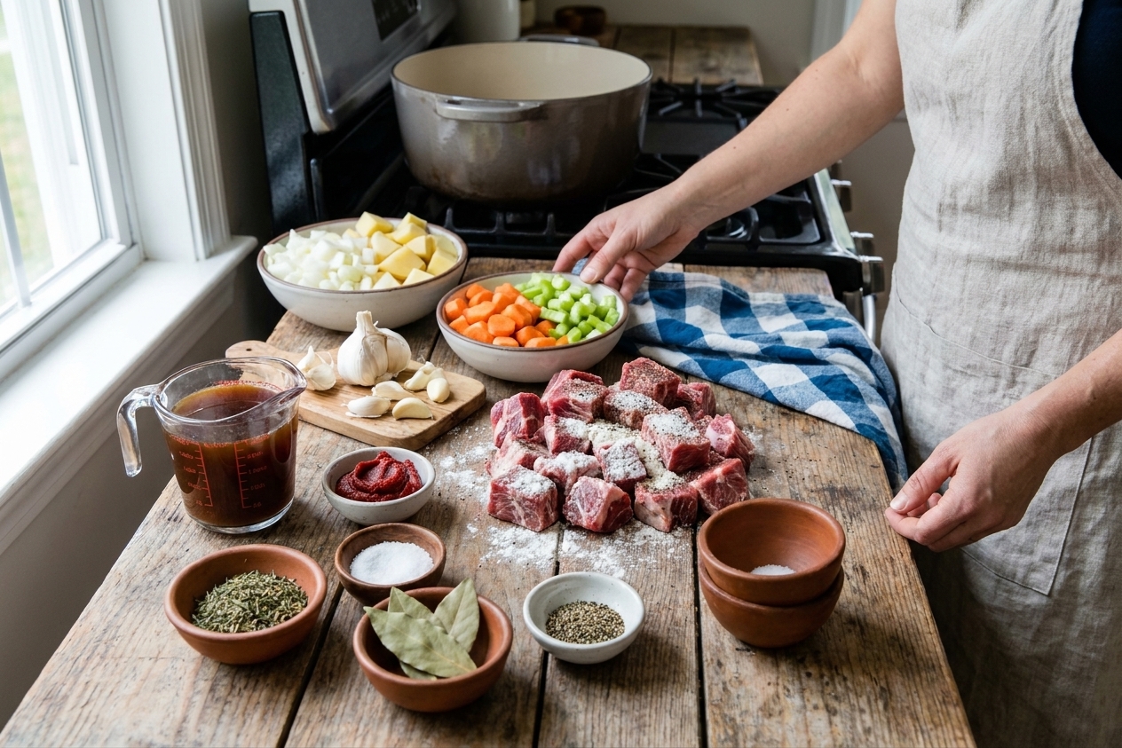 A kitchen counter with chuck roast cubes, carrots, celery, onions, potatoes, garlic, tomato paste, beef broth, and small bowls of spices arranged for beef stew prep