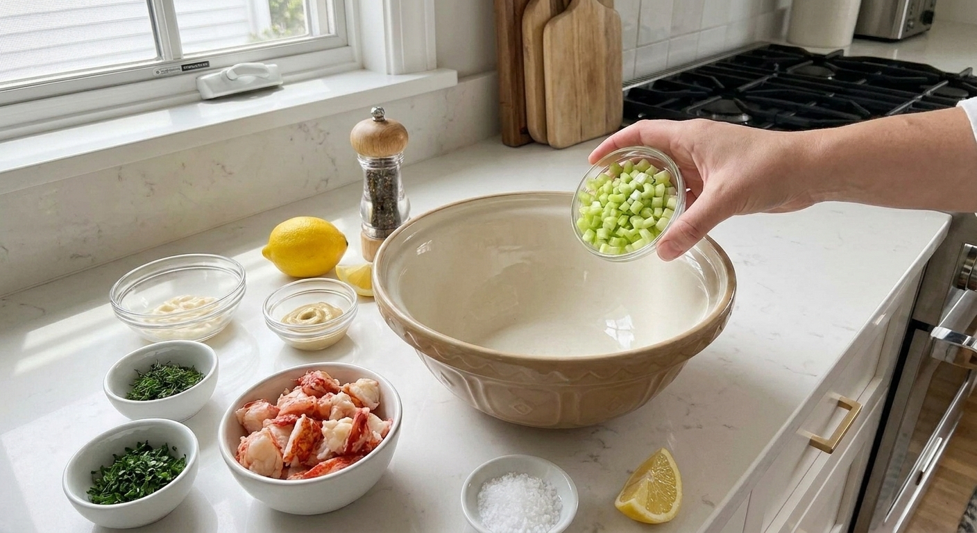 A kitchen counter with cooked lobster meat, celery, lemon, mayonnaise, Dijon mustard, chives, parsley, salt, pepper, and a small bowl ready for mixing