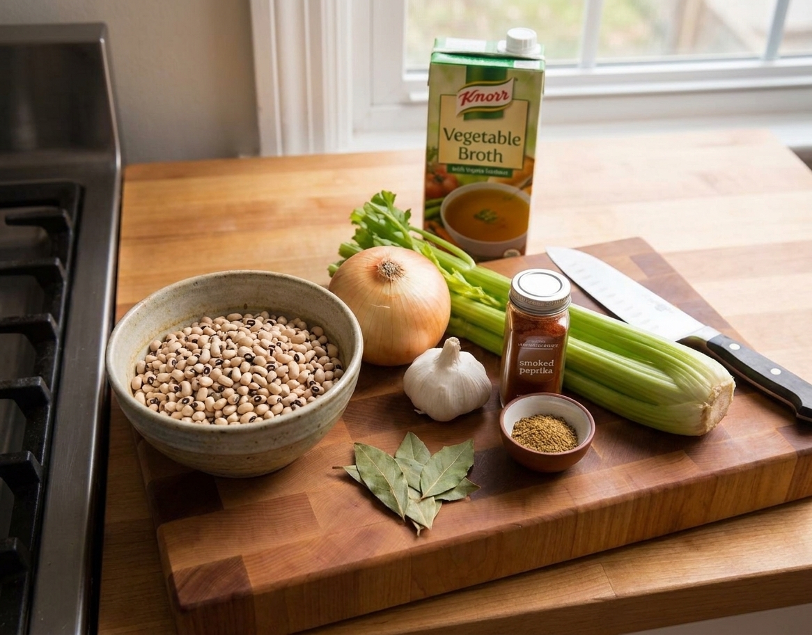 A kitchen counter with dried black eyed peas in a bowl alongside onion, garlic, celery, spices, and a carton of broth