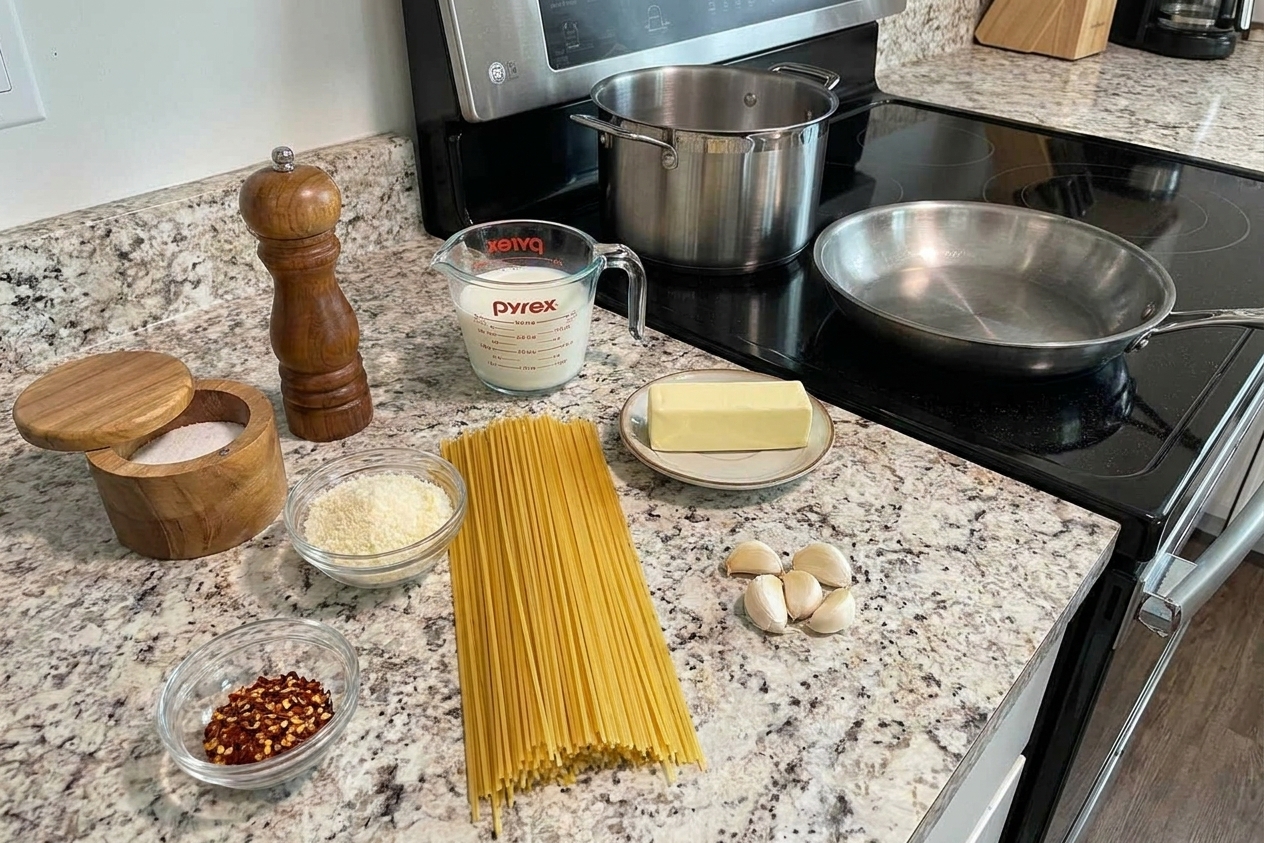A kitchen counter with dried pasta, butter, garlic, Parmesan, milk, salt, pepper, and a small bowl of red pepper flakes laid out for cooking