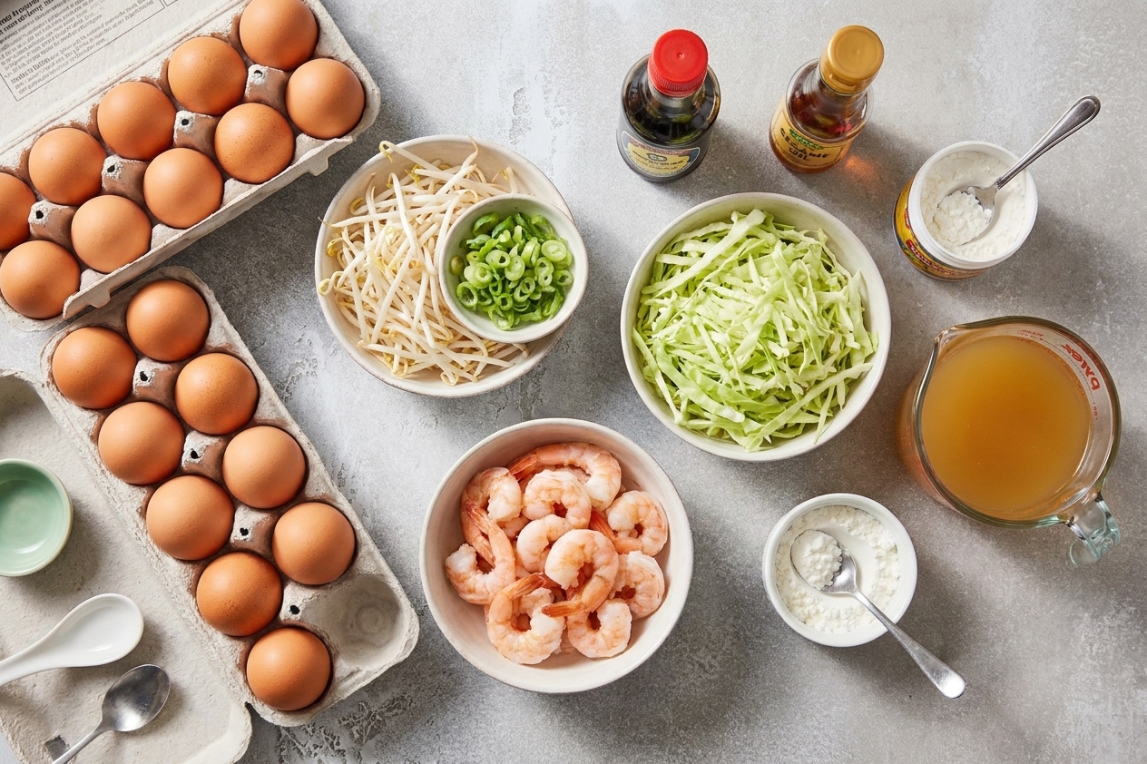 A kitchen counter with eggs, bean sprouts, sliced scallions, shredded cabbage, cooked shrimp, soy sauce, sesame oil, cornstarch, and chicken broth laid out for egg foo yung