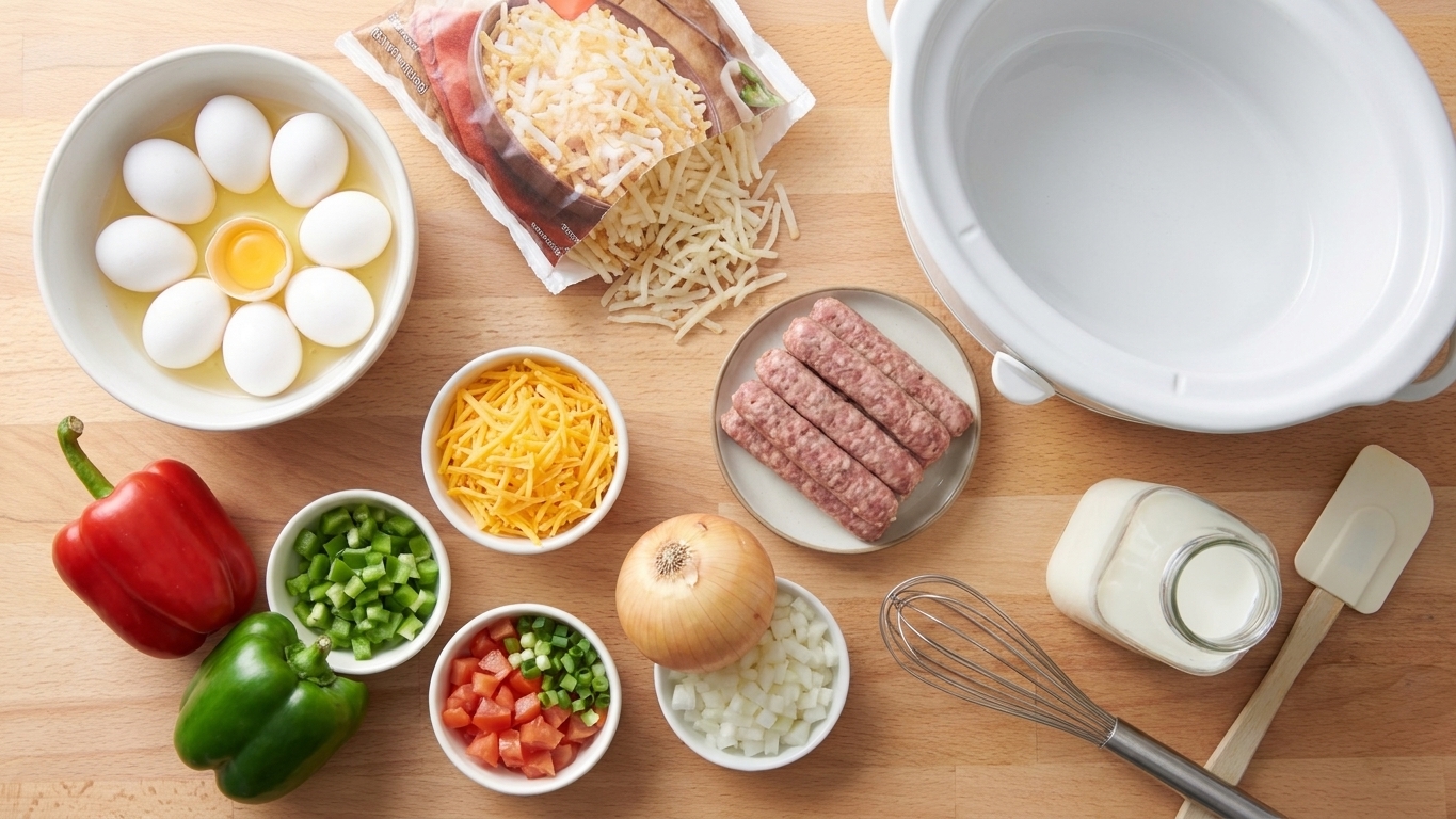 A kitchen counter with eggs, frozen hash browns, shredded cheddar, breakfast sausage, bell peppers, onion, and a carton of milk laid out for a crockpot breakfast casserole