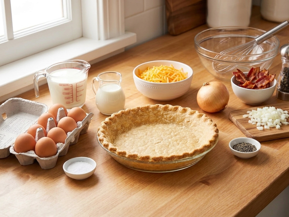 A kitchen counter with eggs, milk, cream, bacon, shredded cheese, an onion, salt, pepper, and a pie crust laid out ready for quiche