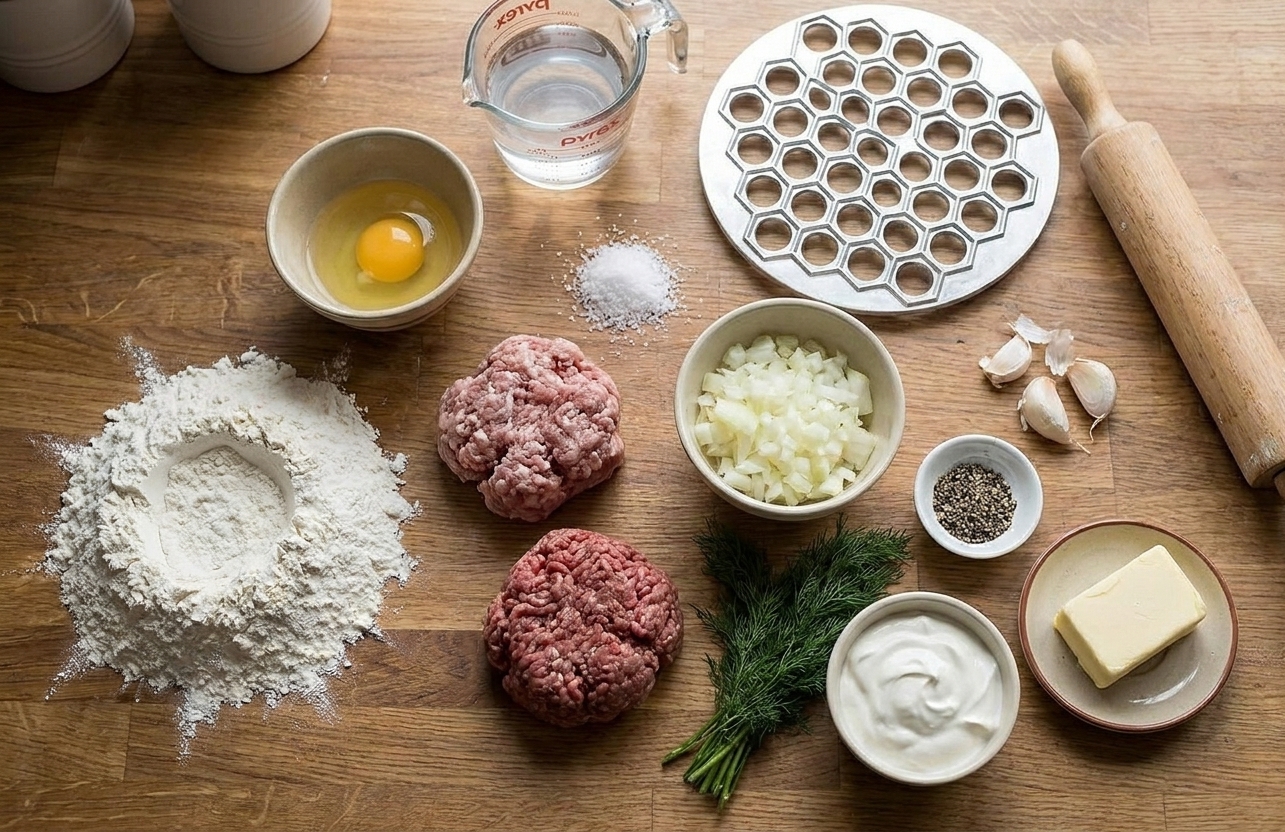 A kitchen counter with flour, an egg, water, salt, ground pork, ground beef, onion, garlic, black pepper, dill, sour cream, and butter laid out for making pelmeni