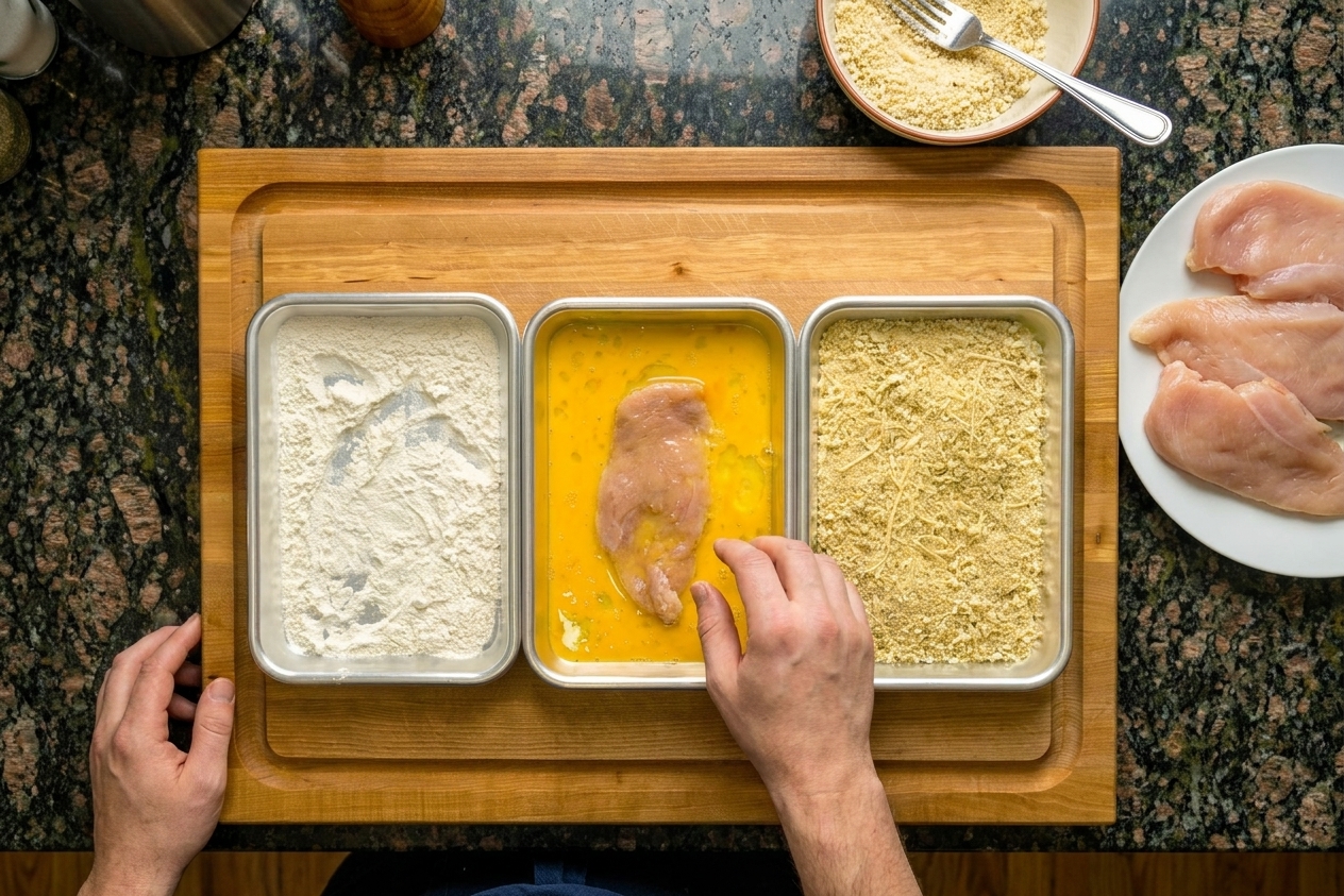 A kitchen counter with flour, beaten eggs, and seasoned breadcrumbs set up in shallow bowls beside chicken cutlets ready to be coated