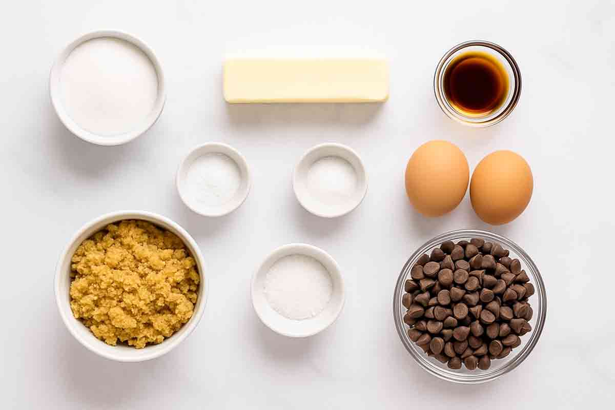 A kitchen counter with flour, brown sugar, white sugar, butter, eggs, vanilla, chocolate chips, and a cast iron skillet ready for baking