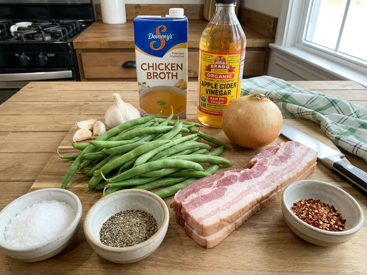 A kitchen counter with fresh green beans, thick-cut bacon, a yellow onion, garlic, chicken broth, apple cider vinegar, and small bowls of salt, pepper, and red pepper flakes laid out for cooking