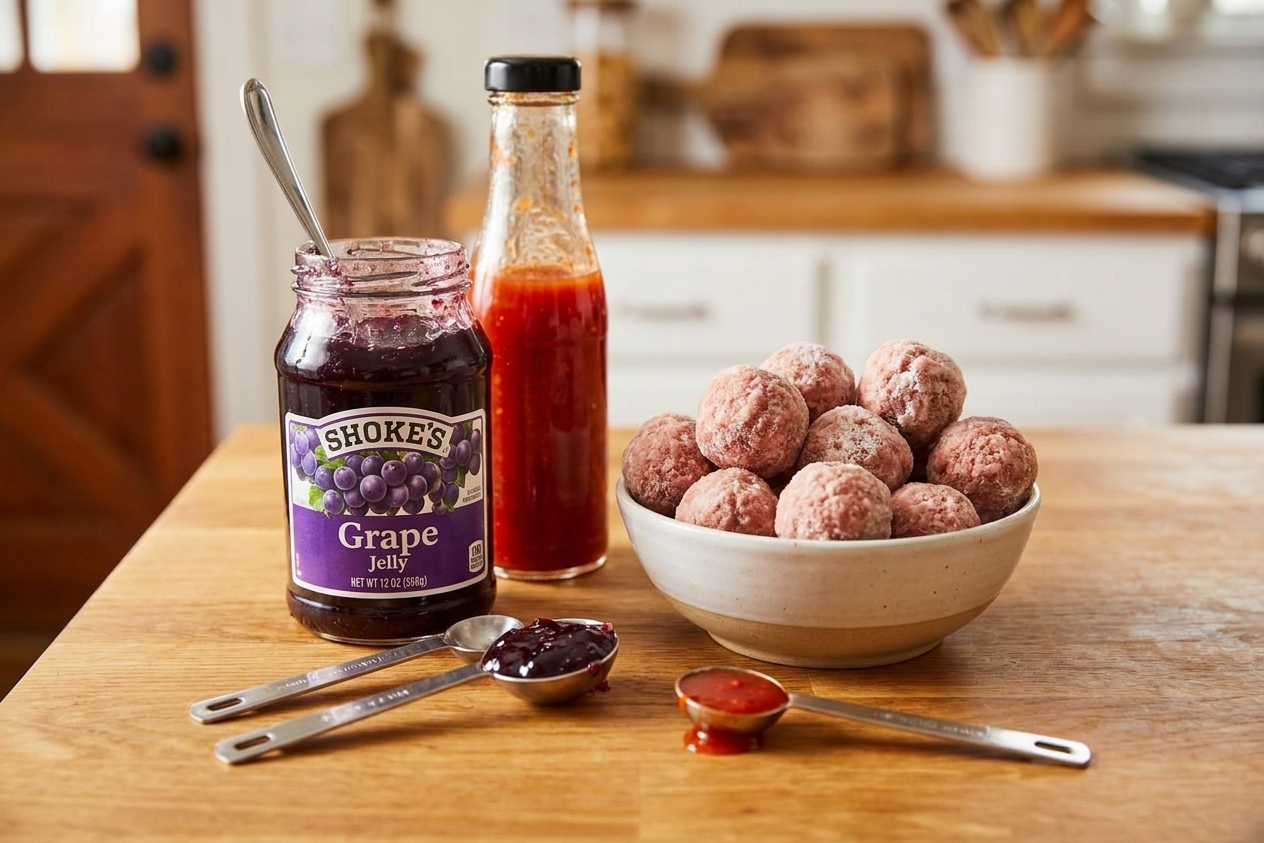 A kitchen counter with frozen meatballs, a jar of grape jelly, and a bottle of chili sauce set out with measuring spoons in consistent warm lighting