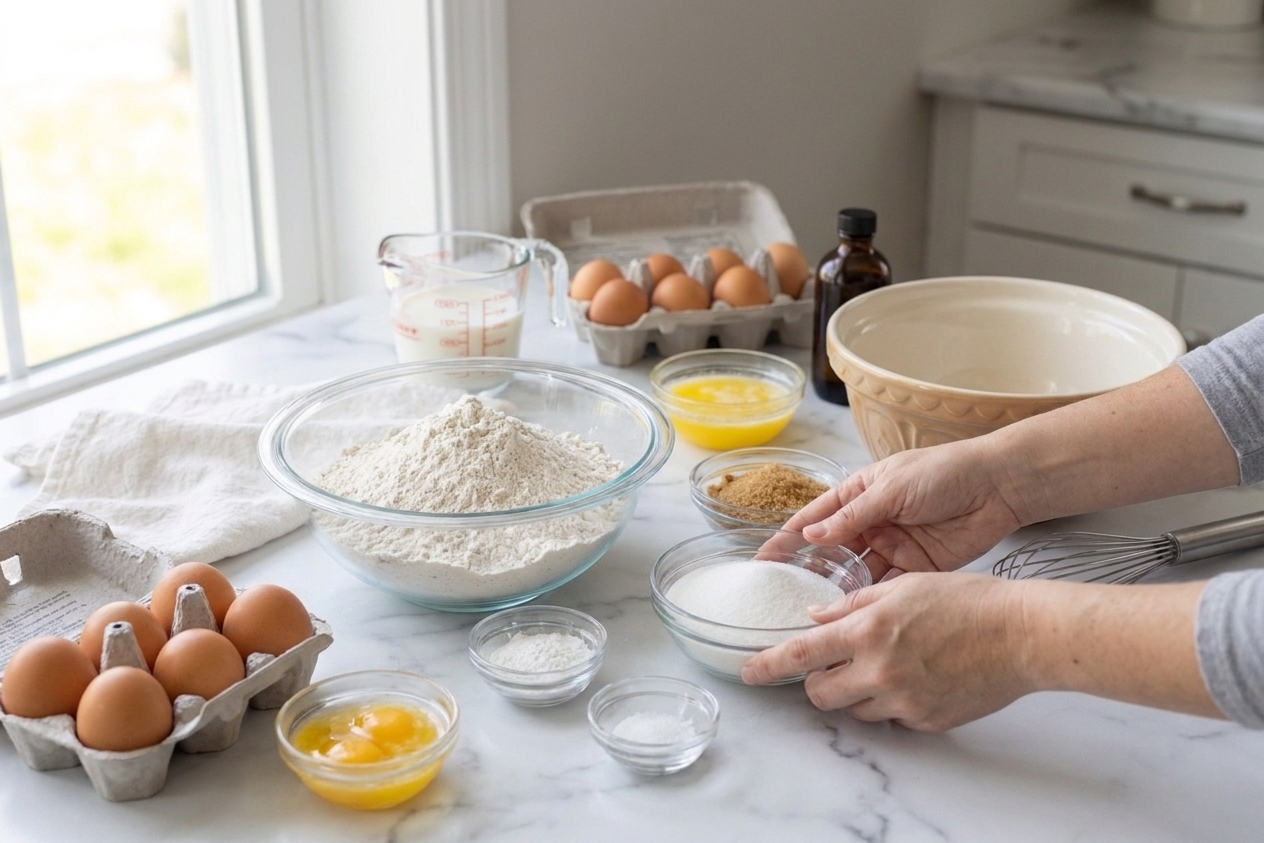 A kitchen counter with gluten-free flour blend, eggs, milk, melted butter, sugar, baking powder, vanilla, and a mixing bowl set out for waffle batter prep
