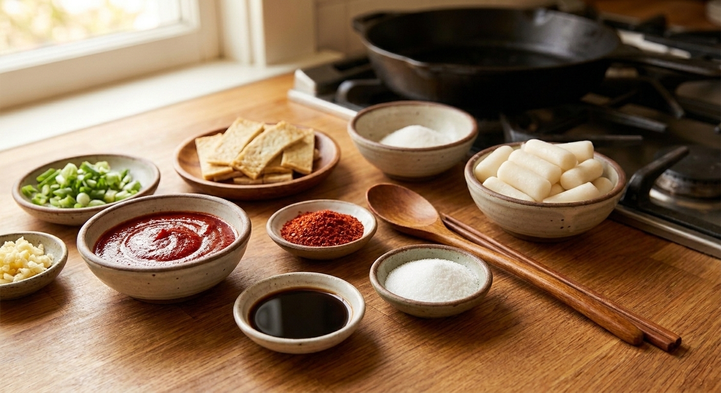 A kitchen counter with gochujang, gochugaru, soy sauce, sugar, garlic, scallions, fish cakes, and Korean rice cakes laid out in small bowls under warm light