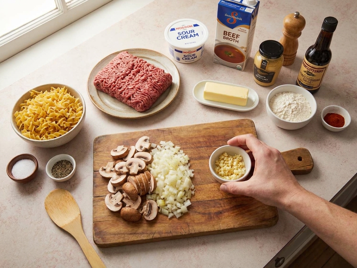 A kitchen counter with ground beef, egg noodles, mushrooms, onion, garlic, sour cream, beef broth, Dijon mustard, Worcestershire sauce, butter, flour, salt, pepper, and paprika laid out for cooking