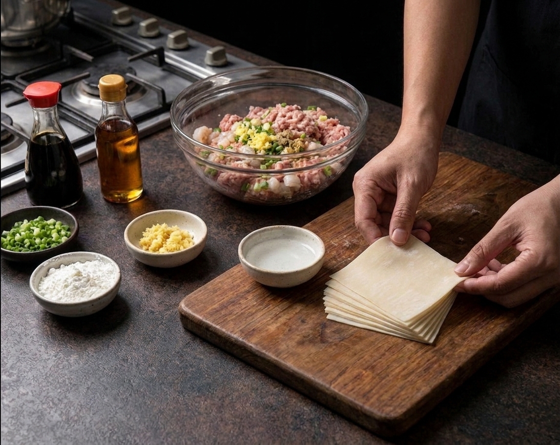 A kitchen counter with ground pork, chopped shrimp, scallions, ginger, soy sauce, sesame oil, cornstarch, and a stack of square wonton wrappers laid out for dumpling prep