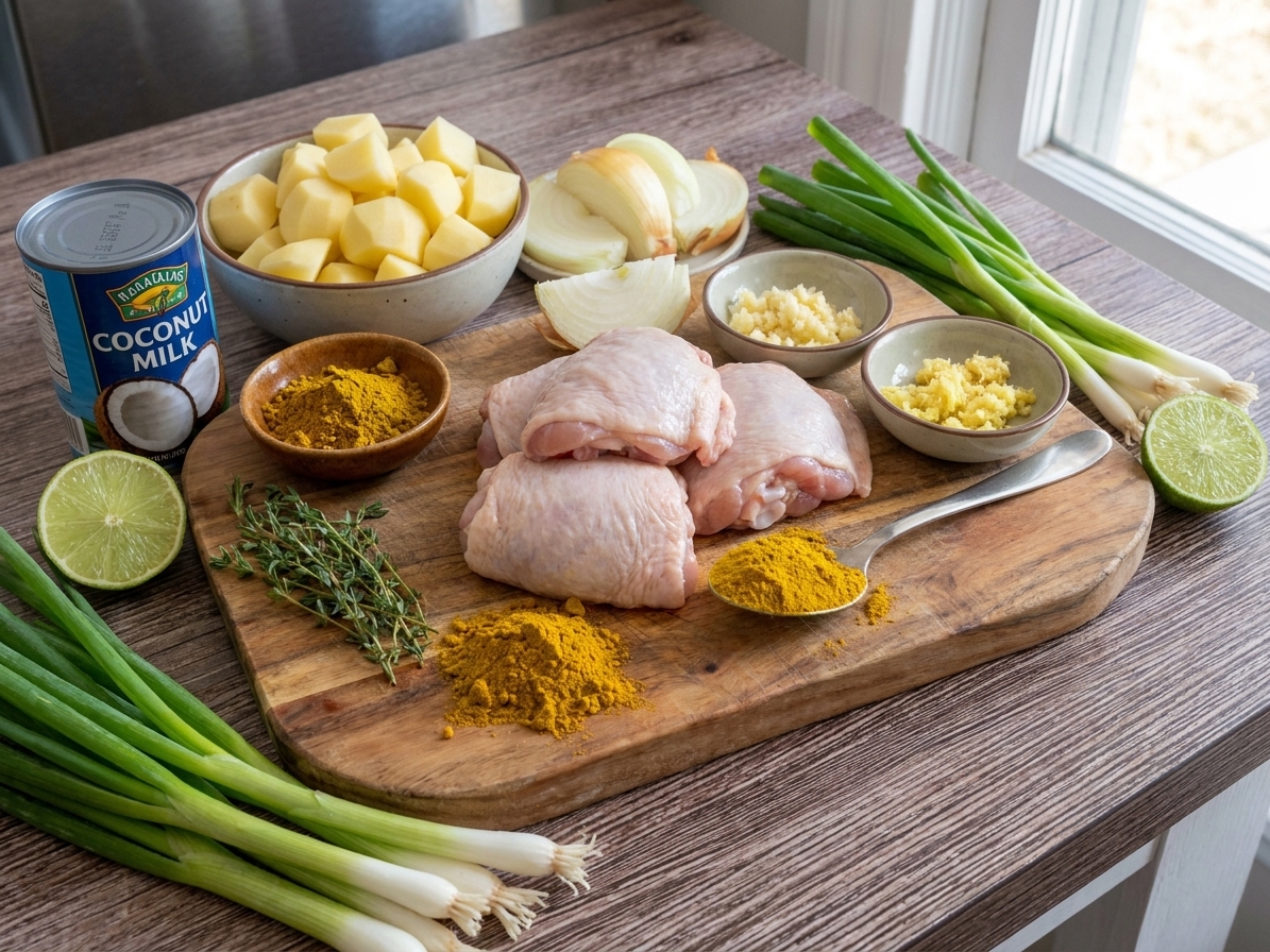 A kitchen counter with ingredients for Jamaican curry chicken laid out, including chicken thighs, Jamaican curry powder, potatoes, onion, garlic, ginger, scallions, thyme, coconut milk, and lime
