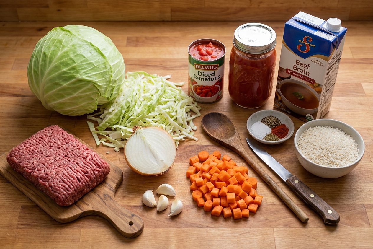 A kitchen counter with ingredients for cabbage roll soup laid out: green cabbage, ground beef, onion, garlic, carrots, canned tomatoes, tomato sauce, broth, rice, and spices