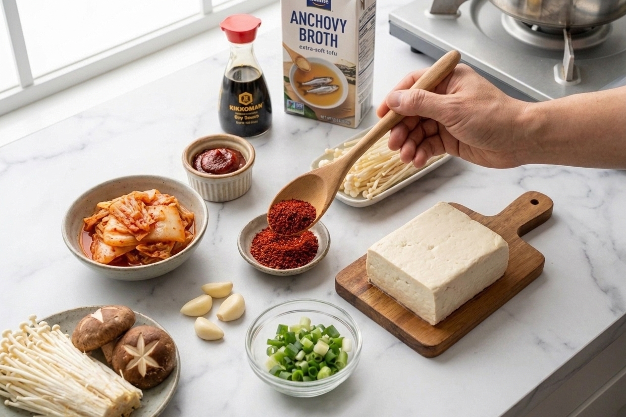 A kitchen counter with ingredients for soondubu jjigae laid out: extra-soft tofu, kimchi, gochugaru, gochujang, garlic, scallions, mushrooms, soy sauce, and a carton of broth