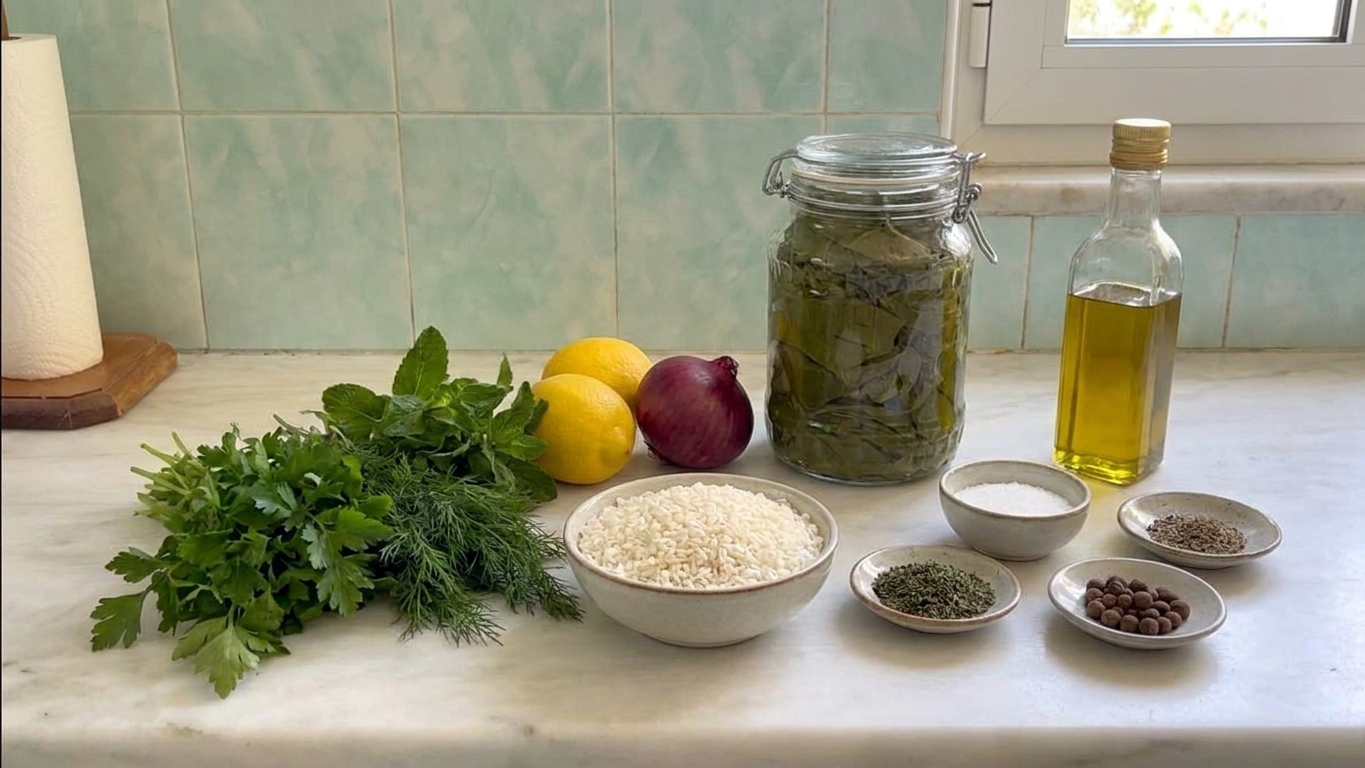 A kitchen counter with jarred grape leaves, uncooked rice, fresh parsley, dill, mint, lemons, onions, olive oil, and spices laid out for cooking