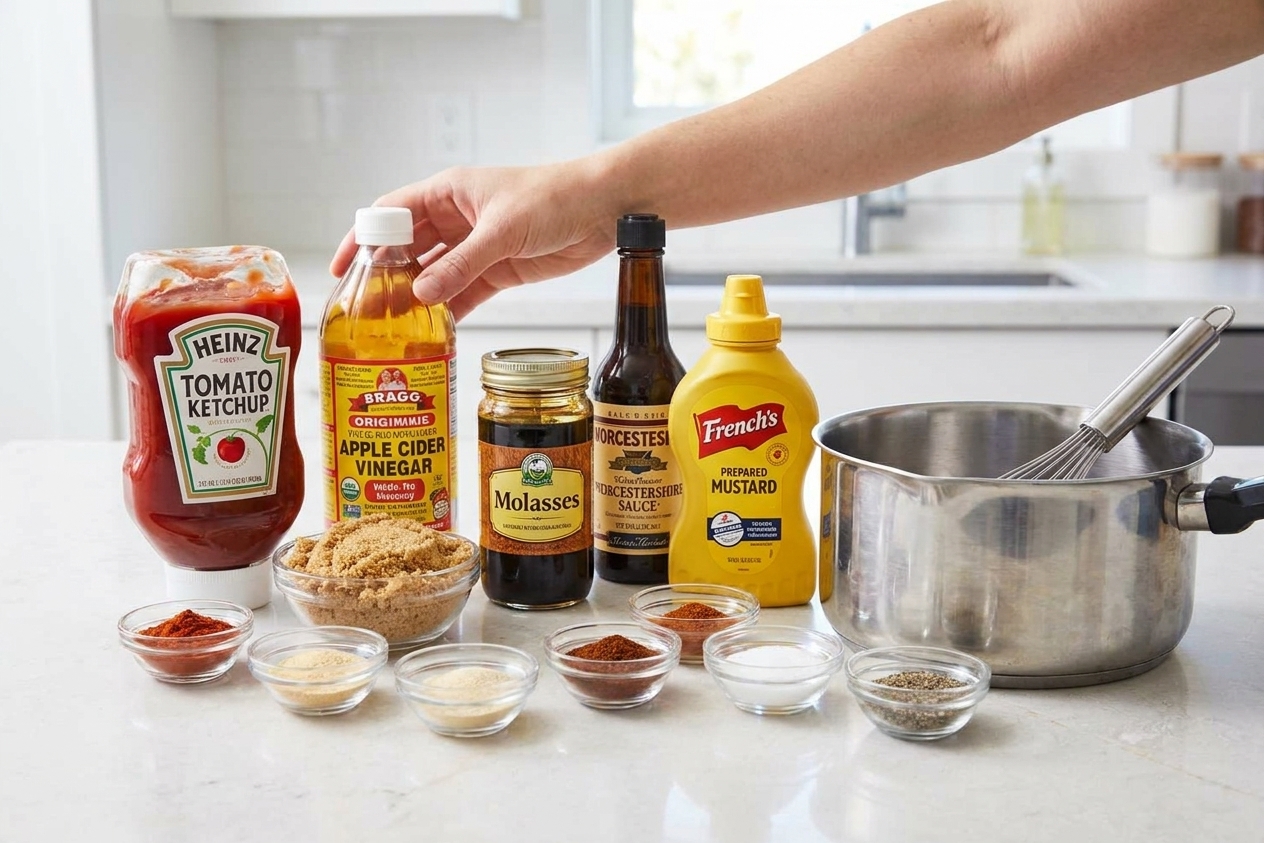 A kitchen counter with ketchup, apple cider vinegar, brown sugar, molasses, Worcestershire sauce, mustard, spices, and a saucepan ready for making barbecue sauce