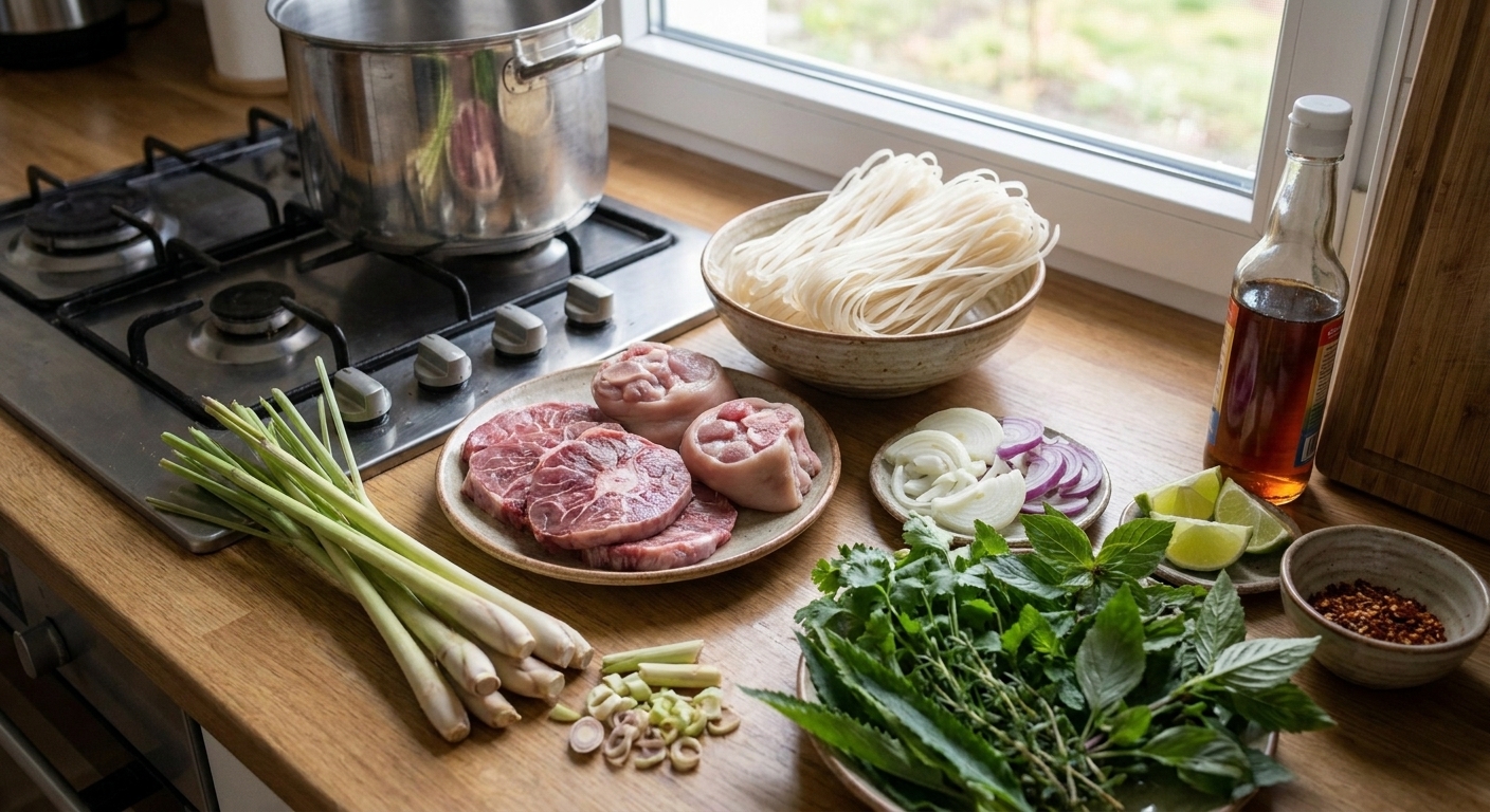 A kitchen counter with lemongrass, beef shank, pork hock, rice noodles, onions, herbs, lime, fish sauce, and chili flakes laid out for bún bò Huế