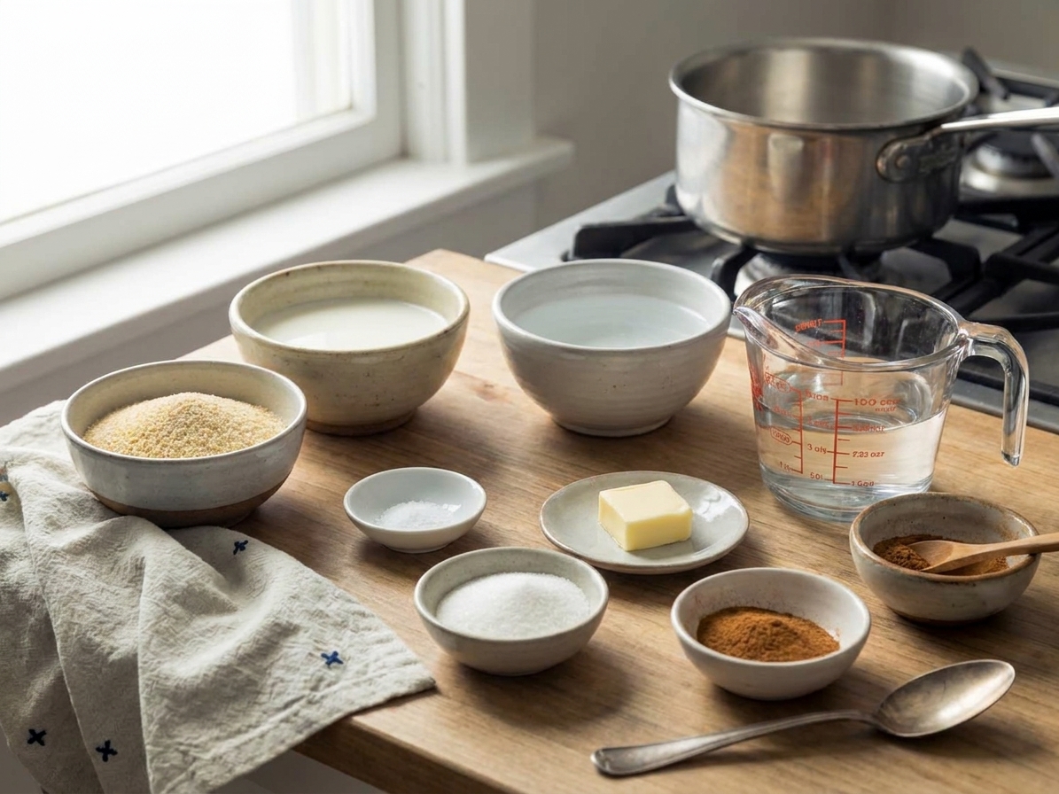 A kitchen counter with measured Cream of Wheat, milk, water, salt, sugar, butter, and cinnamon laid out in small bowls and a measuring cup