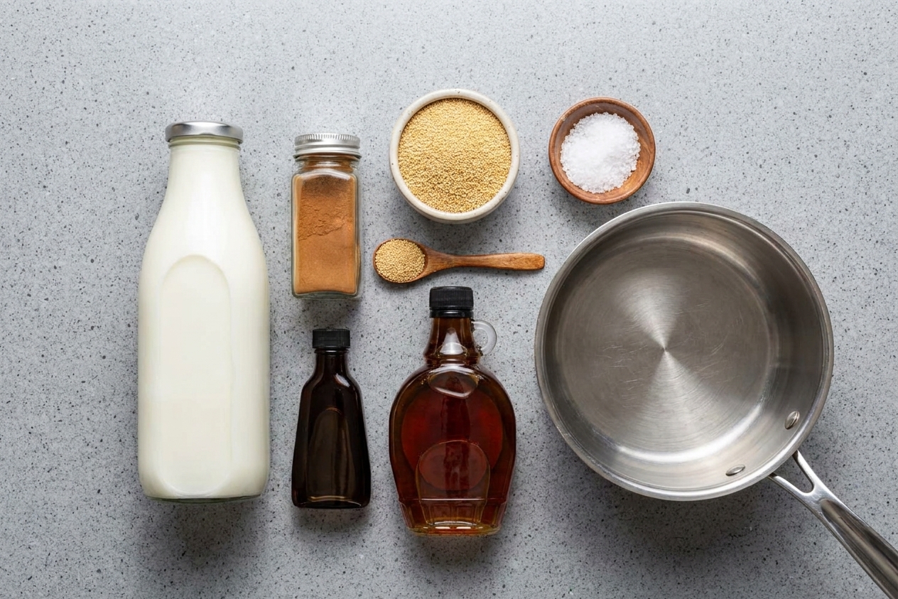 A kitchen counter with measured amaranth grain, milk, cinnamon, vanilla, maple syrup, and salt arranged next to a small saucepan