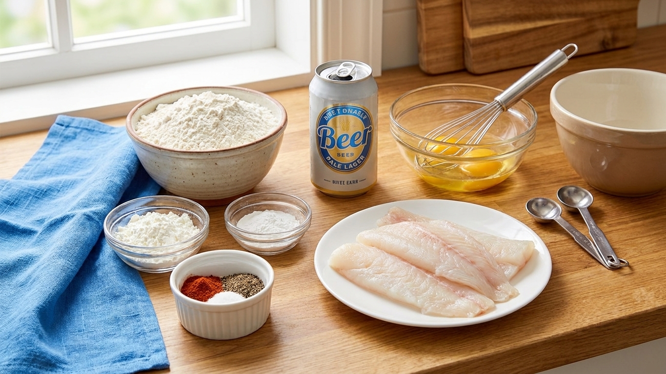 A kitchen counter with measured flour, cornstarch, baking powder, spices, a can of beer, eggs, and white fish fillets set up for making beer battered fish