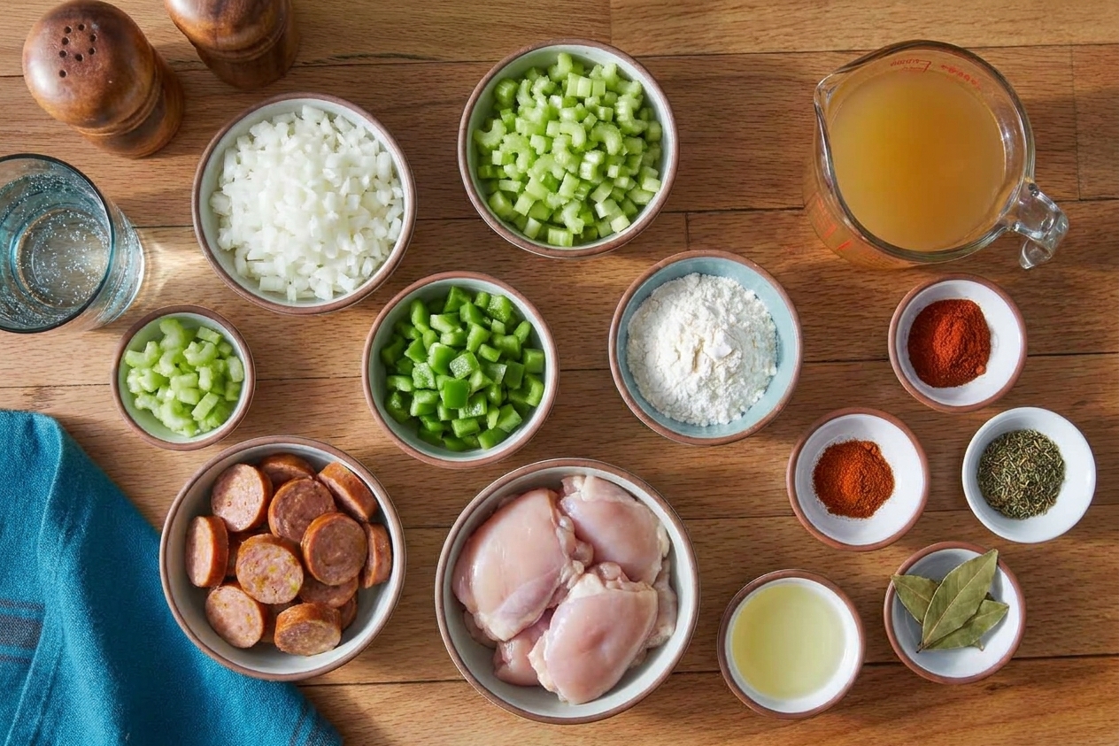 A kitchen counter with measured gumbo ingredients laid out including chopped onion, celery, bell pepper, sliced andouille sausage, raw chicken thighs, flour, oil, broth, and seasonings in small bowls