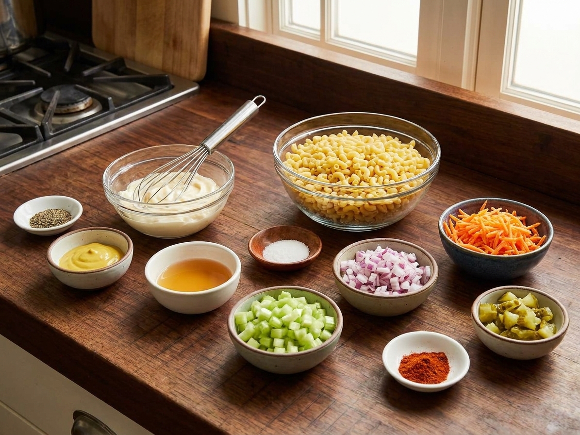 A kitchen counter with measured ingredients for macaroni salad including dry elbow macaroni, mayonnaise, mustard, apple cider vinegar, diced celery, diced red onion, shredded carrot, chopped dill pickles, and seasonings in small bowls