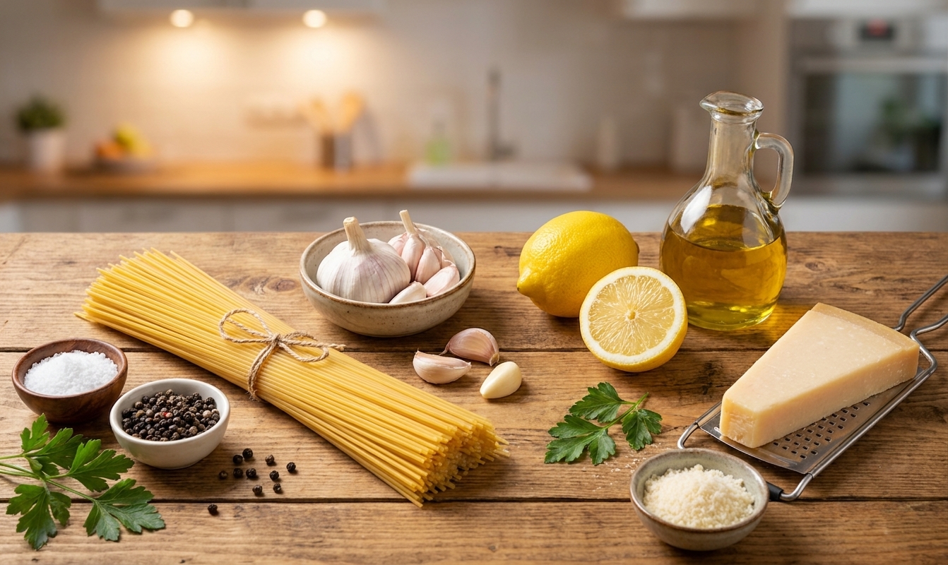 A kitchen counter with measured ingredients for spaghetti, including garlic cloves, a lemon, olive oil, Parmesan, and a bundle of pasta