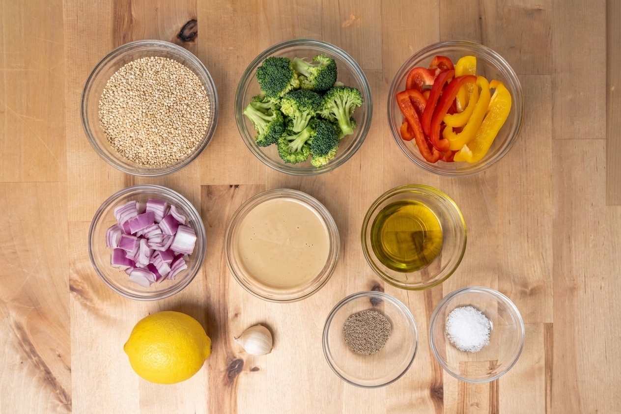A kitchen counter with measured quinoa, chopped broccoli, sliced bell peppers, red onion, lemons, tahini, olive oil, and spices laid out in small bowls