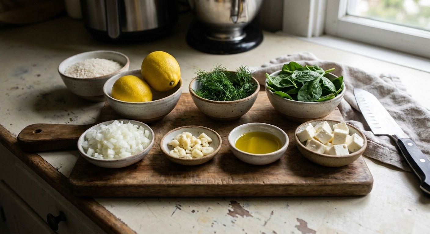 A kitchen counter with measured rice, lemons, fresh dill, spinach, onion, garlic, olive oil, and feta arranged in small bowls