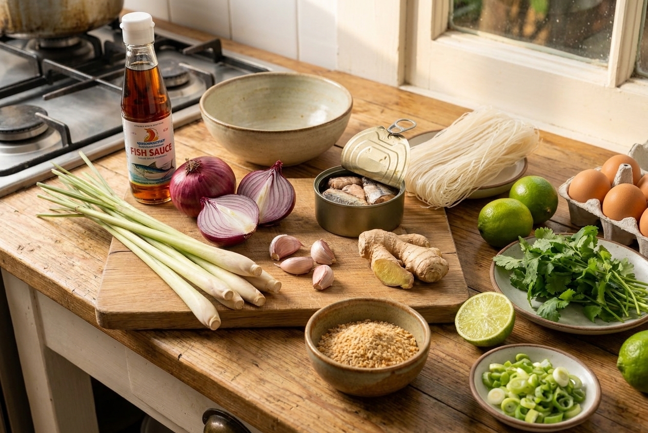 A kitchen counter with mohinga ingredients laid out: lemongrass, onions, garlic, ginger, fish sauce, canned mackerel, rice vermicelli, eggs, limes, cilantro, scallions, and a small bowl of toasted rice powder in warm, homey light