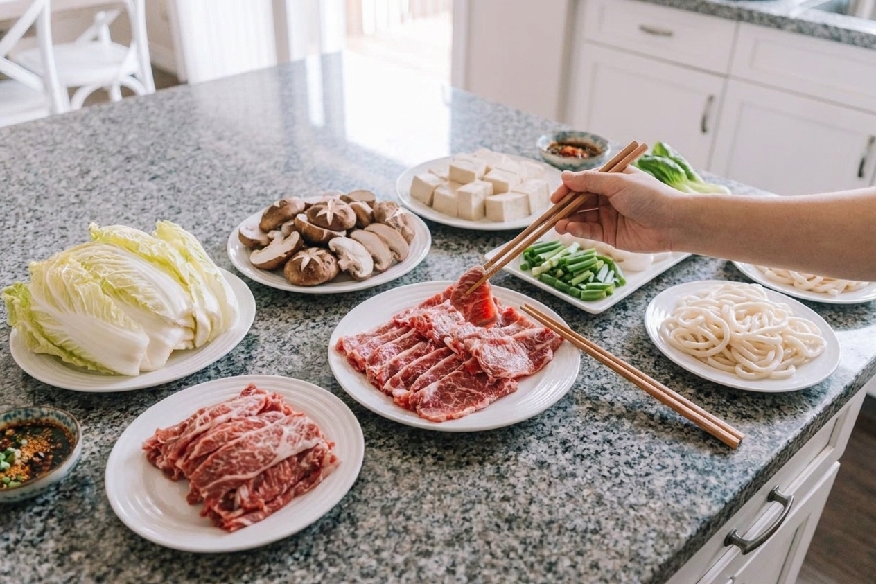 A kitchen counter with neatly arranged hot pot ingredients including sliced beef, napa cabbage, shiitake mushrooms, tofu, scallions, and noodles on plates and trays