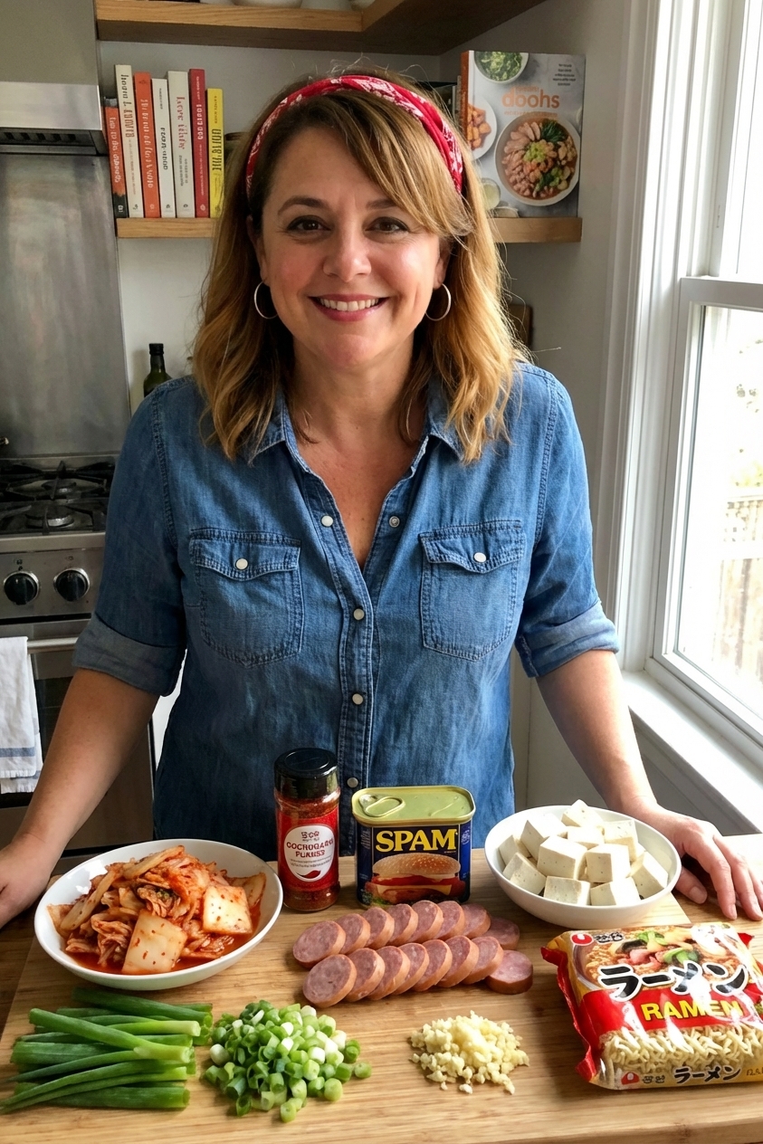 A kitchen counter with neatly arranged ingredients for budae jjigae including kimchi, gochugaru, Spam, sausage, tofu, scallions, garlic, and ramen, natural window light, real photo